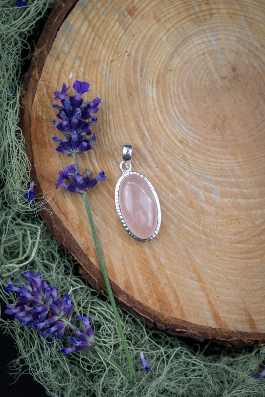 High Grade Rose Quartz Crystal Pendant, Dappled Hammered Silver Setting, Heart Healing Love Gemstone, Calming Crystal Jewellery