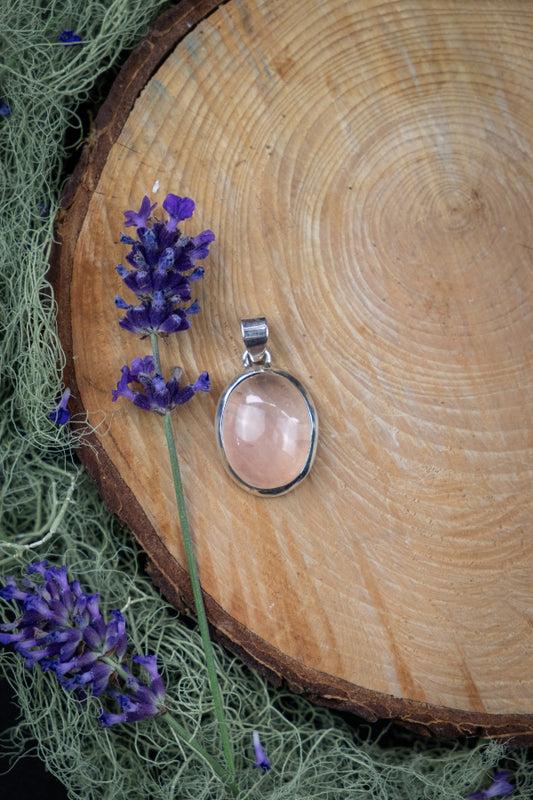 High Grade Rose Quartz Pendant, Soft Pink Gemstone Necklace, Sterling Silver Setting, Calming Crystal Jewellery for Love and Healing
