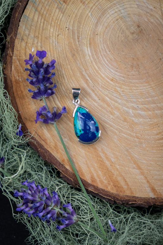 Natural Azurite, Malachite & Chrysocolla Pendant, Unique, cut away Silver Setting, Transformation Stone Clarity, Courage and Heart Healing