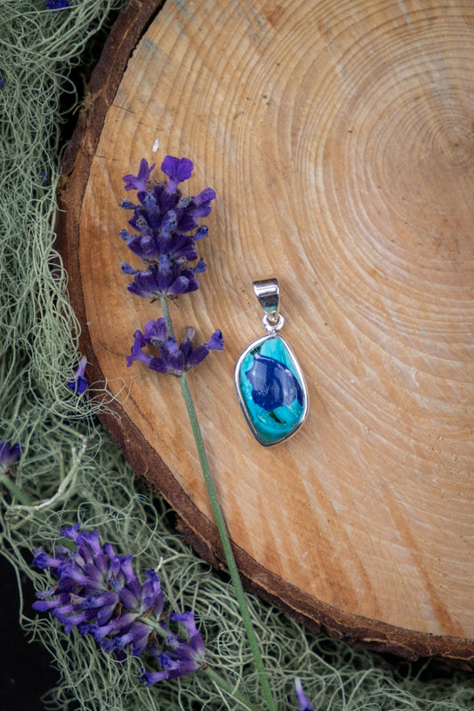 Natural Azurite, Malachite and Chrysocolla Pendant in Silver Setting, Soulful Transformation Stone for Clarity, Courage and Heart Healing