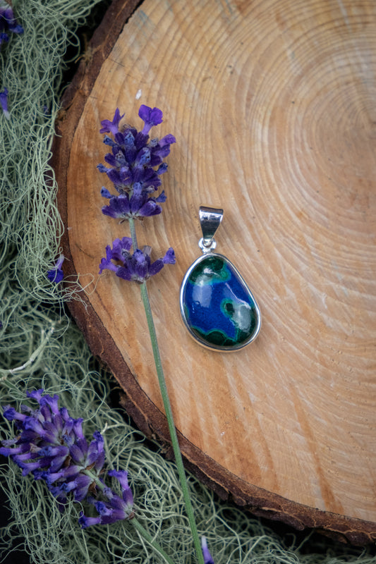 Natural Azurite, Malachite and Chrysocolla Pendant in Silver Setting, Soulful Transformation Stone for Clarity, Courage and Heart Healing