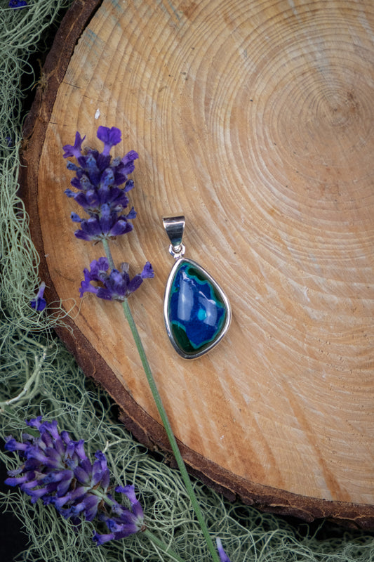 Natural Azurite, Malachite and Chrysocolla Pendant in Silver Setting, Soulful Transformation Stone for Clarity, Courage and Heart Healing