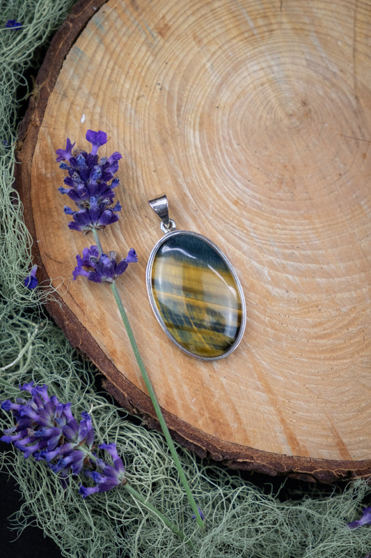 Blue Tigers Eye Pendant, Polished Gemstone Necklace, Soothing Crystal Talisman, Silver Crystal Pendant for Calm Clarity and Protection