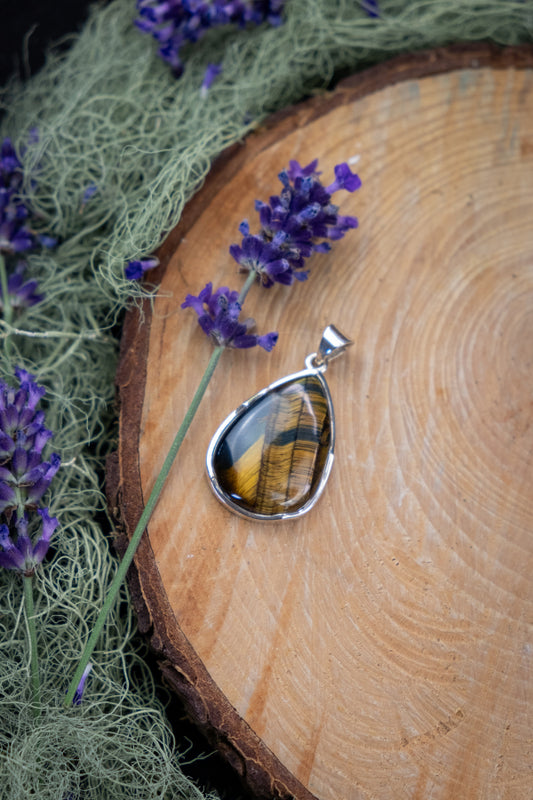 Blue Tigers Eye Pendant, Polished Gemstone Necklace, Soothing Crystal Talisman, Silver Crystal Pendant for Calm Clarity and Protection