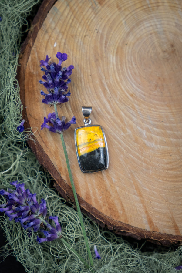 Bumblebee Jasper Silver Pendant, Bold Yellow Gemstone Necklace, Sterling Silver Crystal for Confidence, Focus and Solar Plexus Energy