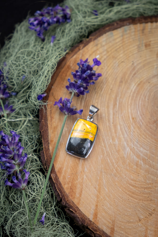 Bumblebee Jasper Silver Pendant, Bold Yellow Gemstone Necklace, Sterling Silver Crystal for Confidence, Focus and Solar Plexus Energy