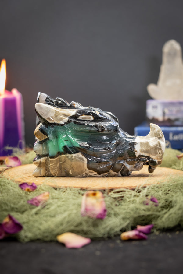 Volcano Agate Dragon Head Carving, Natural UV Crystal Stone, Powerful Protection, Transformation and Grounding Energy
