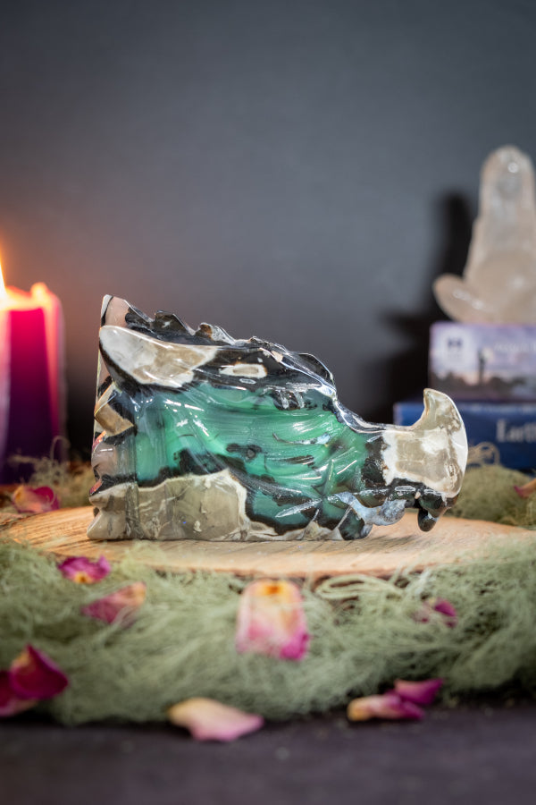 Volcano Agate Dragon Head Carving, Natural UV Crystal Stone, Powerful Protection, Transformation and Grounding Energy