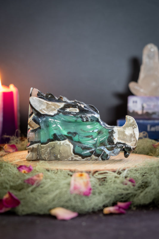 Volcano Agate Dragon Head Carving, Natural UV Crystal Stone, Powerful Protection, Transformation and Grounding Energy