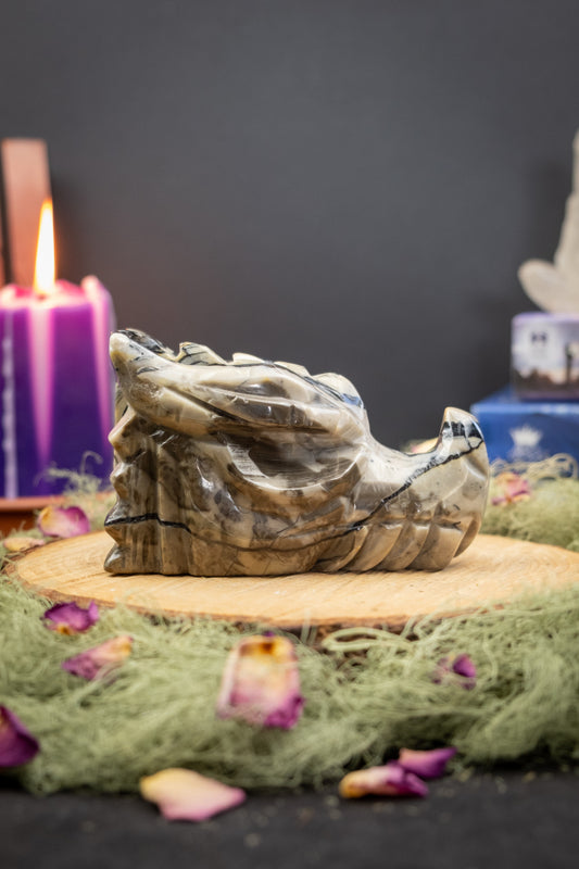 Volcano Agate Dragon Head Carving, Natural UV Crystal Stone, Powerful Protection, Transformation and Grounding Energy