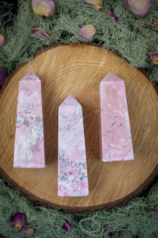 Rhodonite Obelisk Tower Peru Crystal, Pink Healing Stone for Heart Chakra, Emotional Balance and Compassion