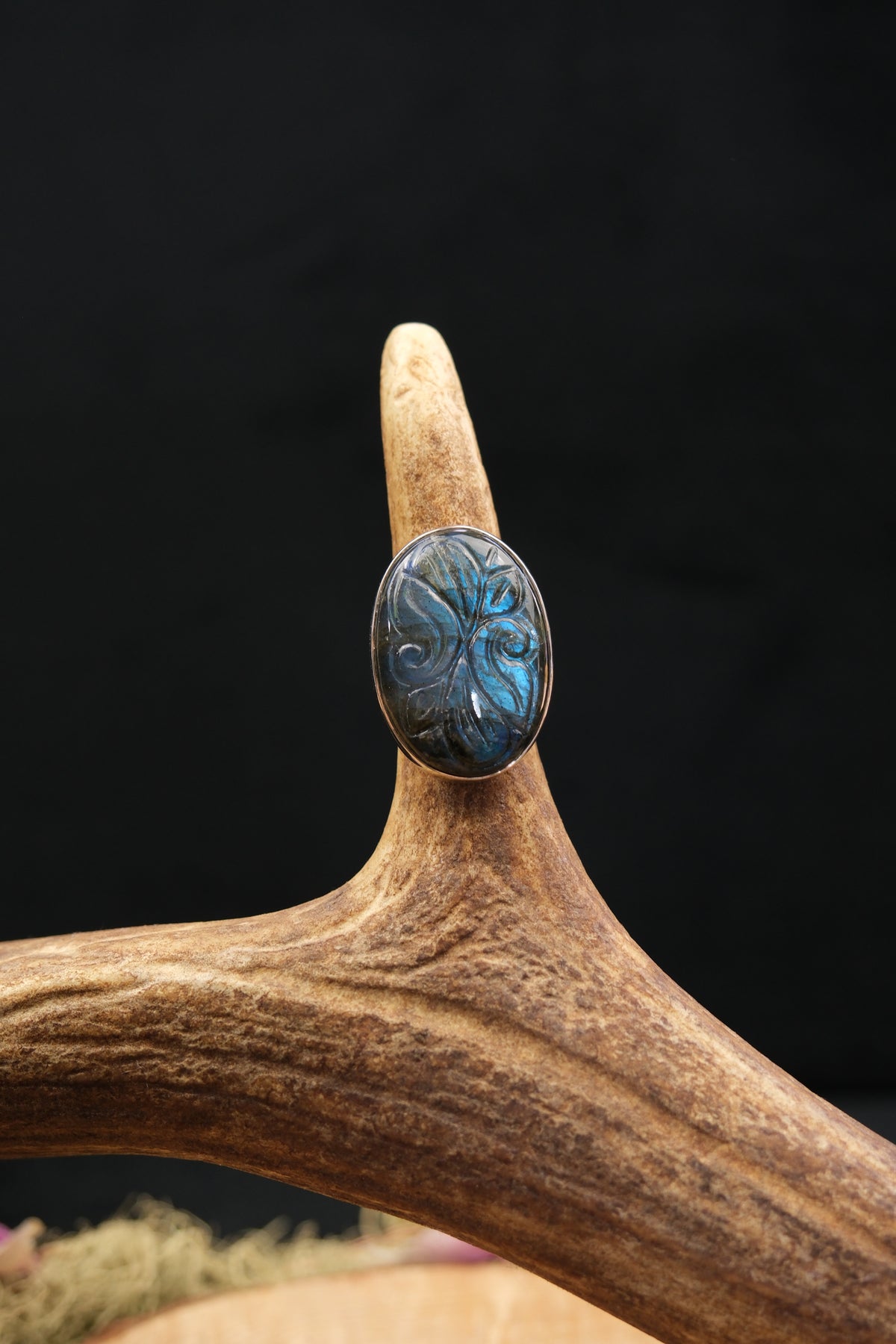 Carved Labradorite Sterling Silver Statement Ring