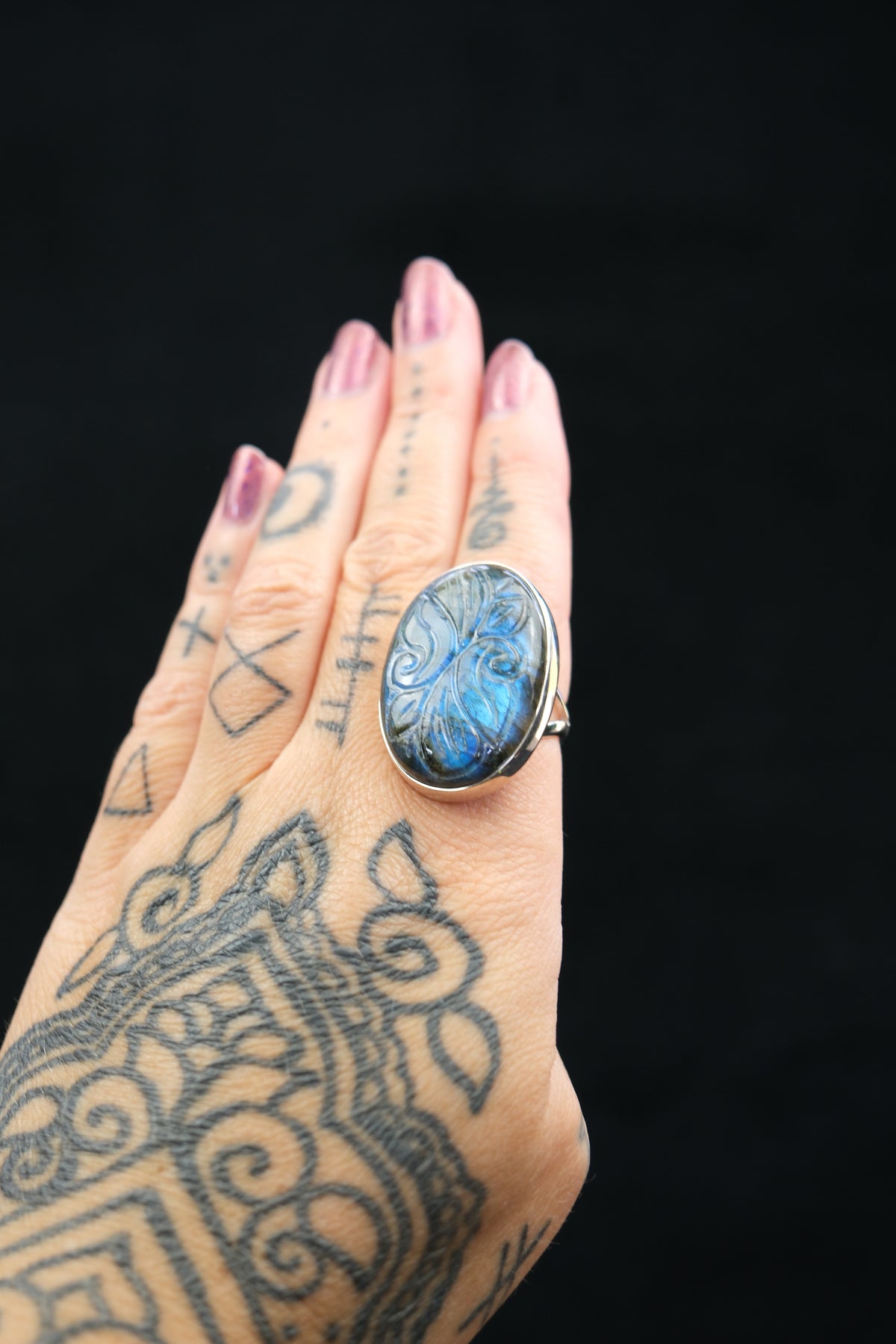 Carved Labradorite Sterling Silver Statement Ring