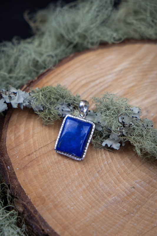 Lapis Lazuli Hammered Silver Pendant, Deep Blue Healing Gemstone Jewellery, Square Crystal Stone Necklace
