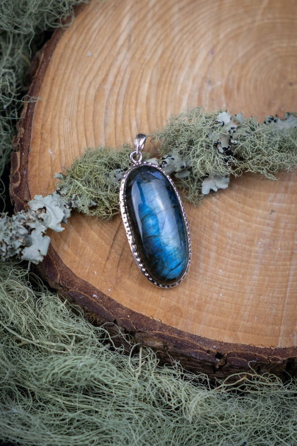 Labradorite Pendant, Blue Flash Gemstone, Hammered Silver Jewellery, Crystal Healing Stone Necklace