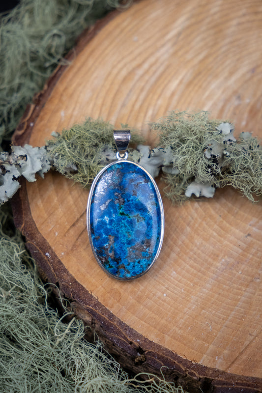 Azurite Malachite Chrysocolla Pyrite Pendant, Sterling Silver Crystal Necklace, Healing Gemstone Jewellery, Blue Green Stone