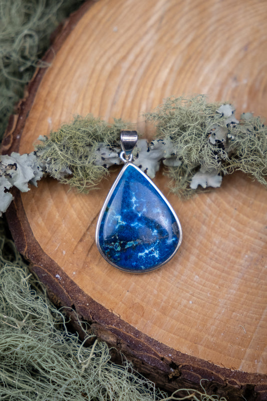 Azurite Silver Teardrop Pendant, Healing Crystal Gemstone Necklace for Intuition, Insight, Wisdom and Third Eye Awakening