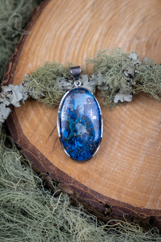 Azurite Pyrite Silver Pendant, Unique Crystal Necklace, Blue Healing Stone Jewellery for Intuition and Protection