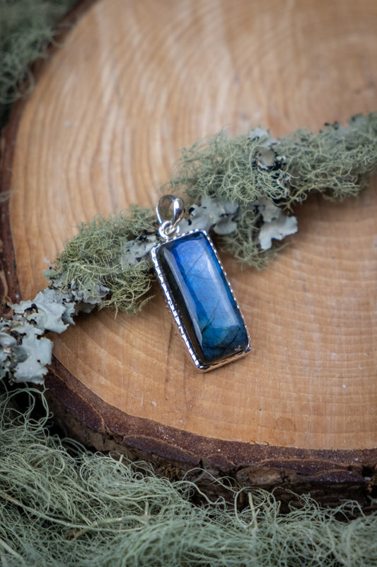 Labradorite Rectangle Pendant, Blue Flash Gemstone, Sterling Silver Jewellery, Crystal Healing Stone Necklace