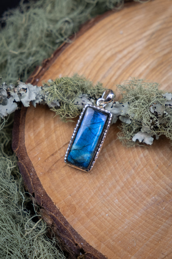 Labradorite Rectangle Pendant, Blue Flash Gemstone, Sterling Silver Jewellery, Crystal Healing Stone Necklace