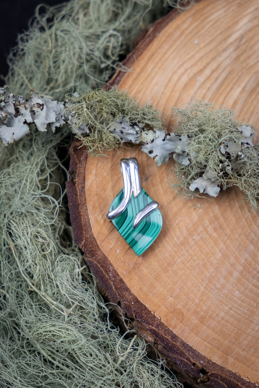 Polished Malachite and Sterling Silver Pendant, Heart-Healing Crystal Necklace for Protection, Transformation and Deep Emotional Clearing