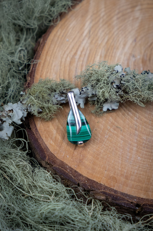 Polished Malachite and Sterling Silver Pendant, Heart-Healing Crystal Necklace for Protection, Transformation and Deep Emotional Clearing