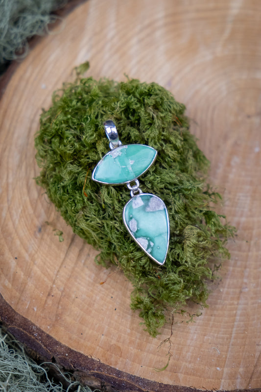 Variscite Double Stone Silver Pendant Necklace, Rare Natural Green Gemstone Jewellery, Calming Heart Healing Crystal Talisman