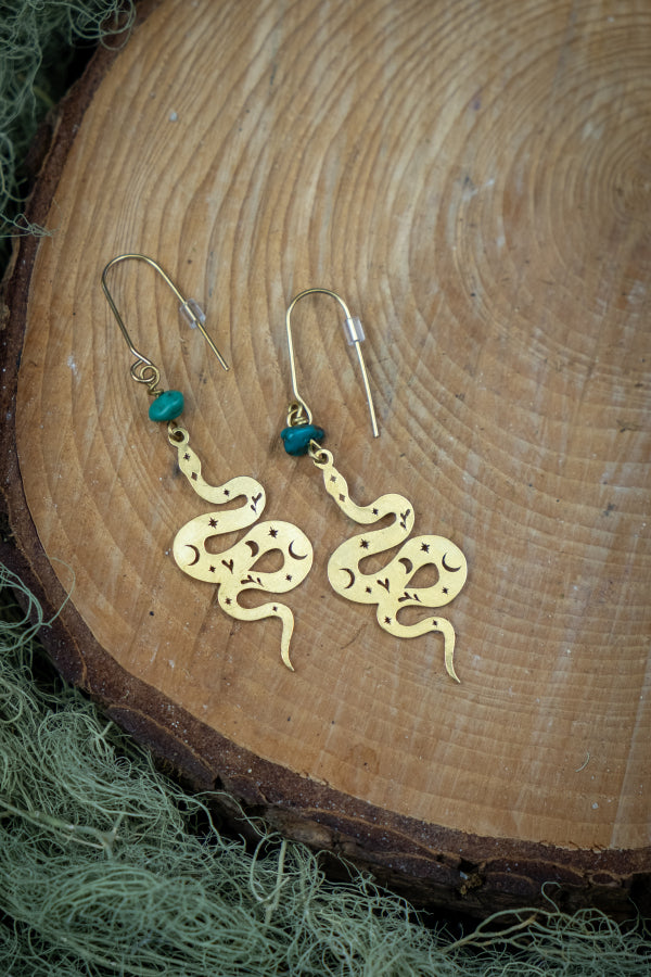 Snake Brass Earrings with Turquoise Gemstones, Celestial Markings, Kundalini Inspired, Tribal Style Jewellery, Handmade in Devon UK