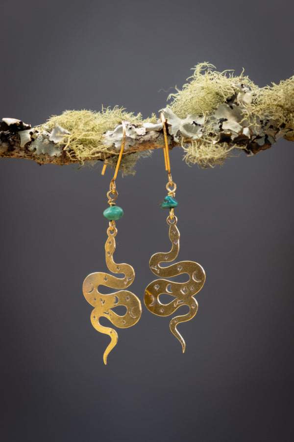 Snake Brass Earrings with Turquoise Gemstones, Celestial Markings, Kundalini Inspired, Tribal Style Jewellery, Handmade in Devon UK