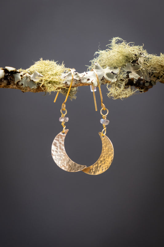 Brass Crescent Moon Labradorite Earrings, Handmade Celestial Gemstone Earrings, Raw Brass Moon Jewellery for Intuition and Transformation