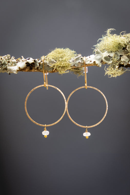 Raw Brass Hoop Earrings with Moonstone Gemstones, Handmade Boho Jewellery, Luciana Art Tribal Inspired Brass and Gemstone Earrings