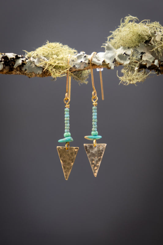Turquoise Brass Triangle Drop Earrings with Beads, Handcrafted by Luciana, Inspired by Tribal and Nature Energies
