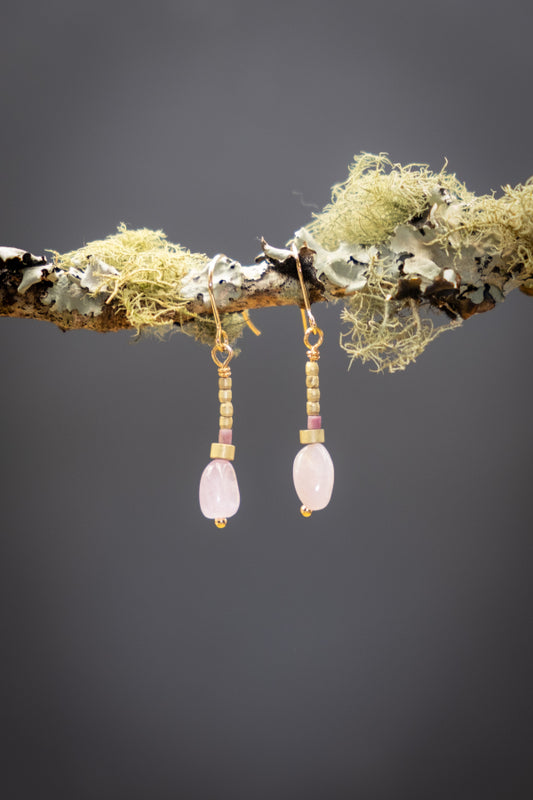 Pink Kunzite Crystal Drop Earrings with Gold Plated Detail, Handmade Boho Gemstone Jewellery Inspired by Nature and Global Design
