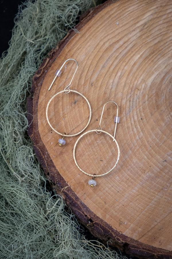 Raw Brass Hoop Earrings with Moonstone Gemstones, Handmade Boho Jewellery, Luciana Art Tribal Inspired Brass and Gemstone Earrings