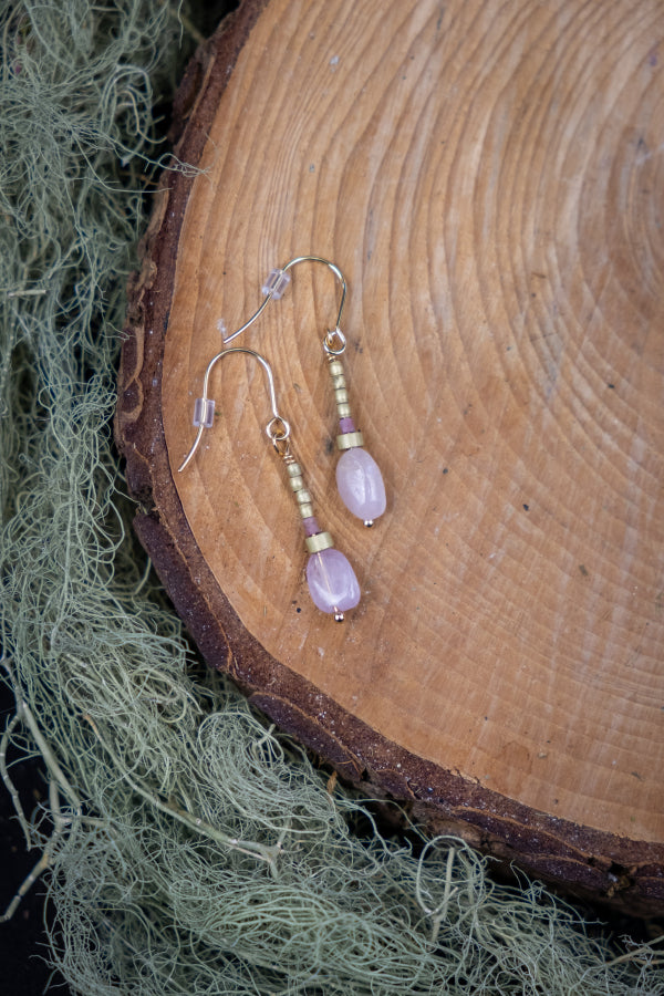 Pink Kunzite Crystal Drop Earrings with Gold Plated Detail, Handmade Boho Gemstone Jewellery Inspired by Nature and Global Design