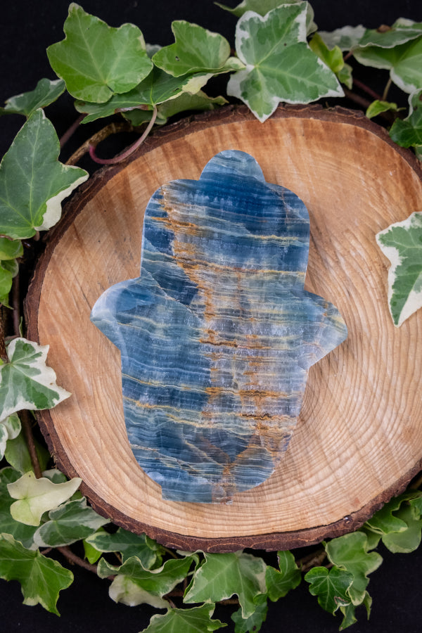 Lemurian Aquatine Calcite Hamsa Hand Crystal Carving, Blue Gemstone Protection Stone for Calm Intuition and Emotional Healing