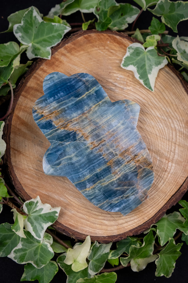Lemurian Aquatine Calcite Hamsa Hand Crystal Carving, Blue Gemstone Protection Stone for Calm Intuition and Emotional Healing