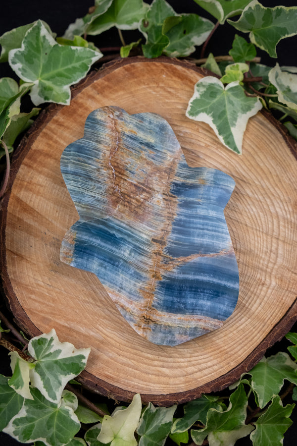 Lemurian Aquatine Calcite Hamsa Hand Crystal Carving, Blue Gemstone Protection Stone for Calm Intuition and Emotional Healing