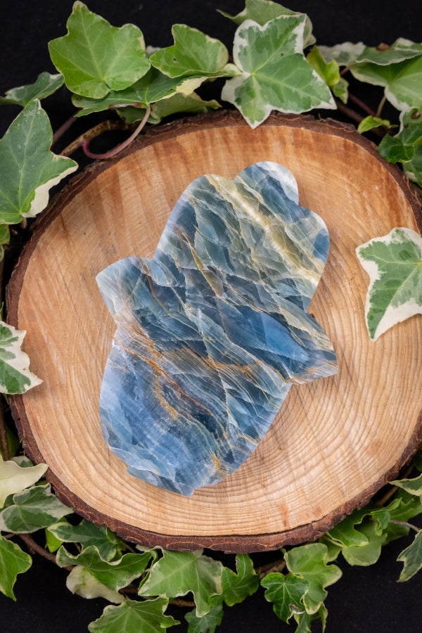Lemurian Aquatine Calcite Hamsa Hand Crystal Carving, Blue Gemstone Protection Stone for Calm Intuition and Emotional Healing