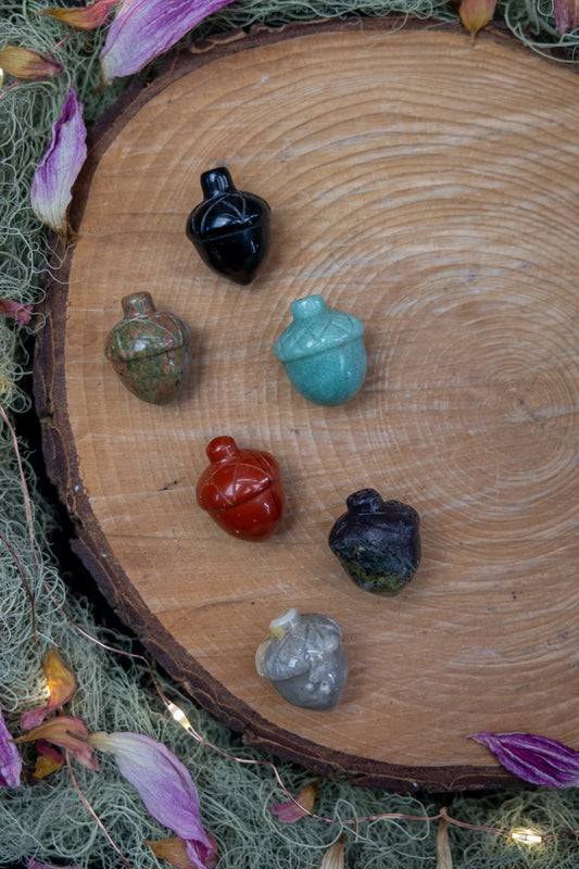 Crystal acorns in Green Aventurine, Crazy Lace Agate, Unakite, Obsidian and Red Jasper