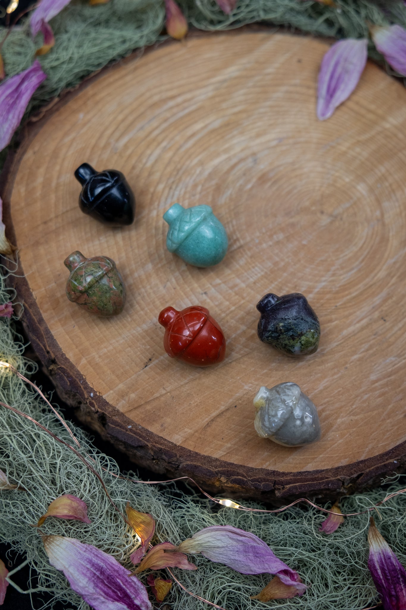 Crystal acorns in Green Aventurine, Crazy Lace Agate, Unakite, Obsidian and Red Jasper