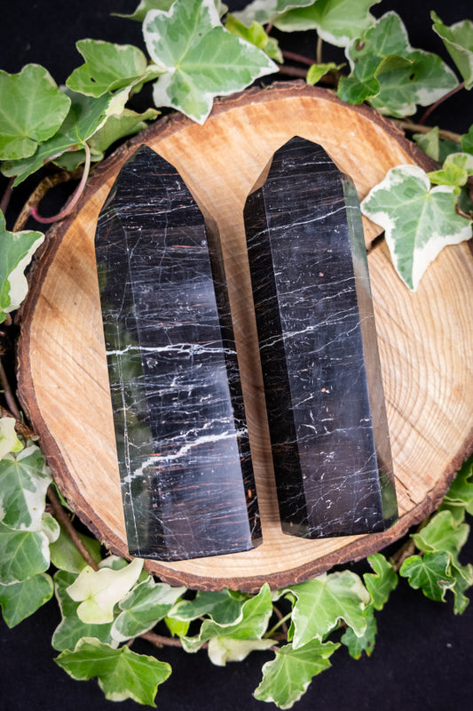 Black Tourmaline with Hematite crystal point, Purify and protect your home and you, Grounding crystal, EMF protection, Absorb negativity.