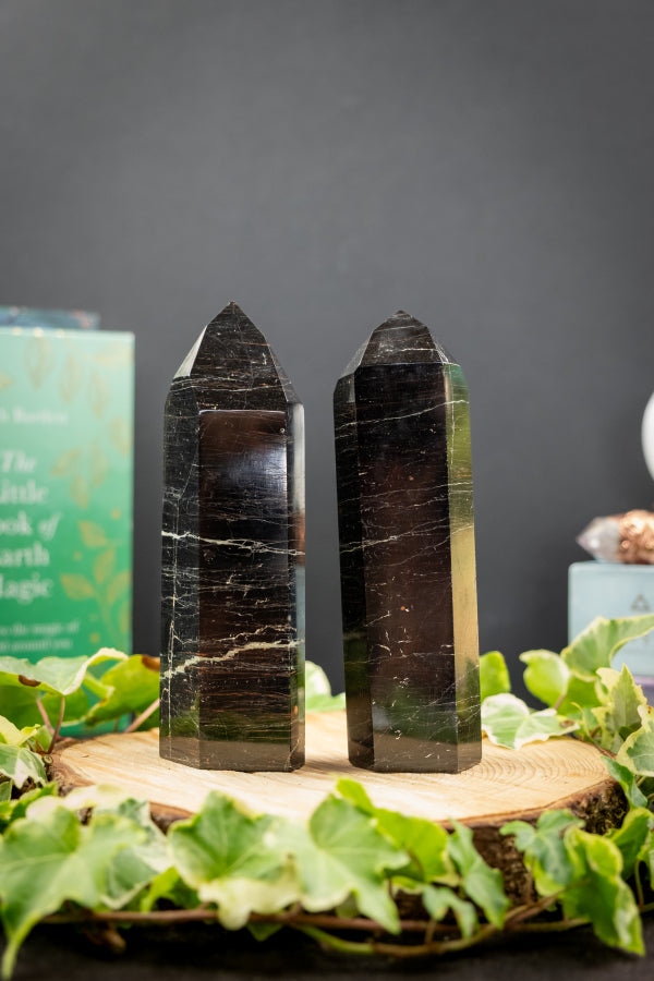 Black Tourmaline with Hematite crystal point, Purify and protect your home and you, Grounding crystal, EMF protection, Absorb negativity.