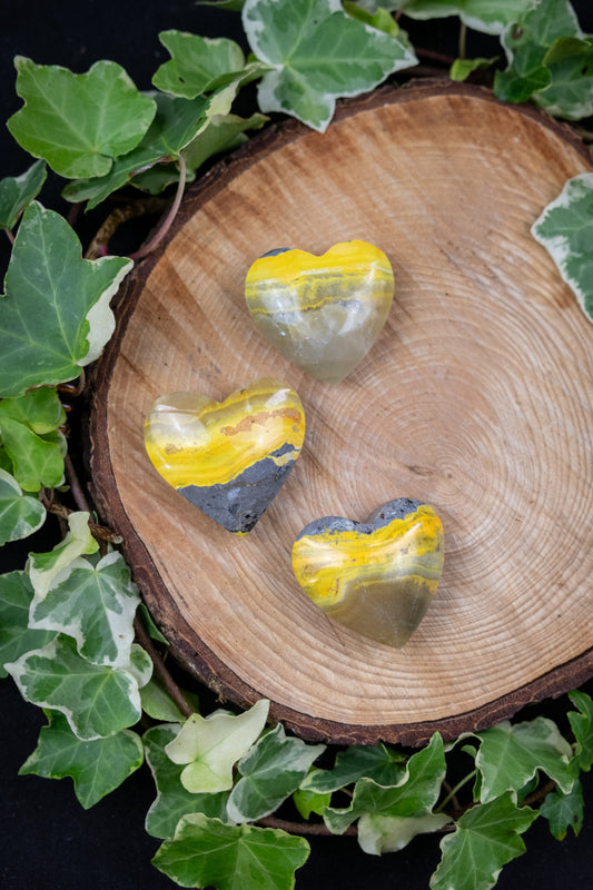 Yellow Black Jasper Heart Crystal, Bumblebee Jasper, Polished Gem for Healing Energy Protection Chakra Balance Intuition Grounding