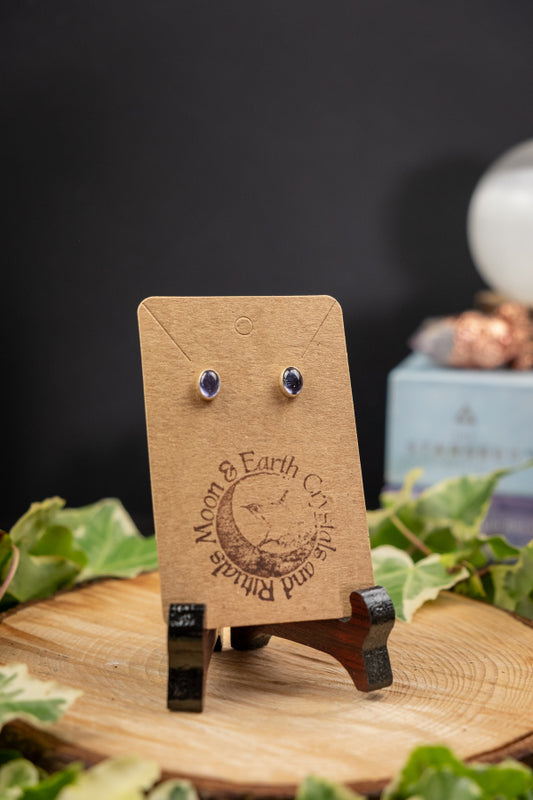 Iolite water sapphire stud earrings, sterling silver crystal studs, blue violet gemstone jewellery for intuition and clarity