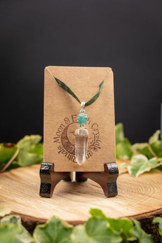 Lemurian Quartz Crystal and Apatite Gemstone Pendant in Sterling Silver, Healing Stone Jewellery, Spiritual Energy Necklace