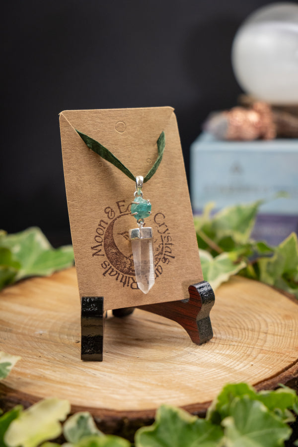 Lemurian Quartz Crystal and Apatite Gemstone Pendant in Sterling Silver, Healing Stone Jewellery, Spiritual Energy Necklace