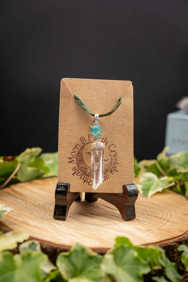 Lemurian Quartz Crystal and Apatite Gemstone Pendant in Sterling Silver, Healing Stone Jewellery, Spiritual Energy Necklace