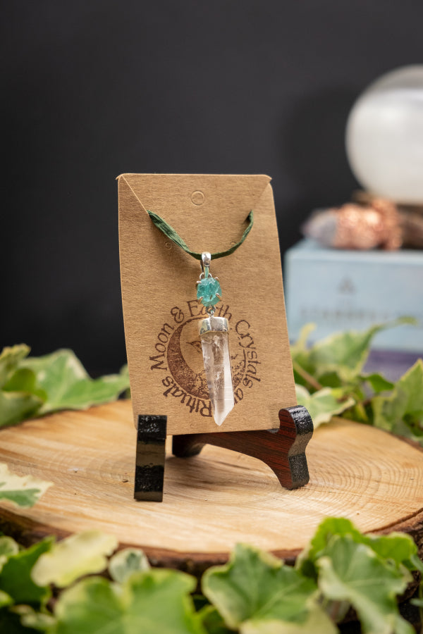 Lemurian Quartz Crystal and Apatite Gemstone Pendant in Sterling Silver, Healing Stone Jewellery, Spiritual Energy Necklace