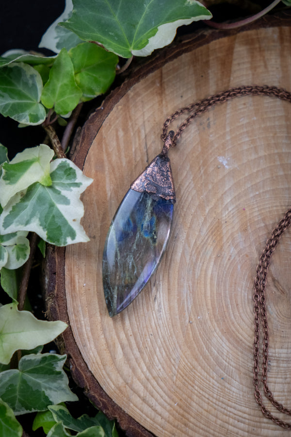Pink Flash Labradorite and Copper Pendant, One of a Kind Crystal Necklace, Electroformed Gemstone Jewellery for Intuition and Protection